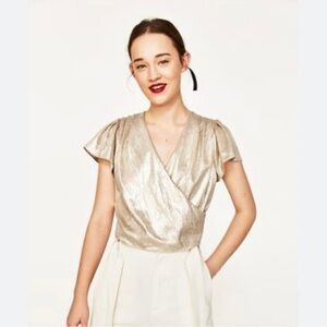Zara Champagne Gold Metallic Draped Wrap Top Size M